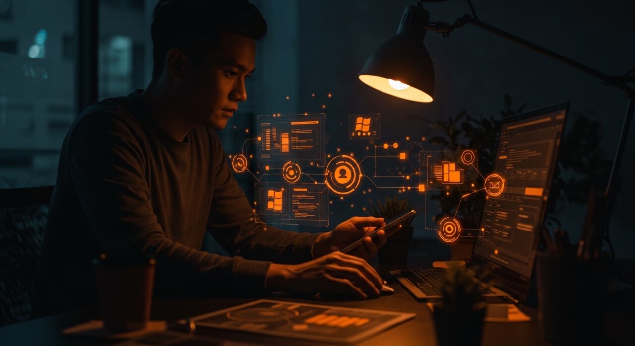 Diseñador trabajando en diseño iterativo y usabilidad inspirado en Windows 95 para productos SaaS, resaltando experiencia de usuario y prototipado rápido.