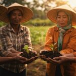 Pequeños agricultores del Global South con biochar simbolizando remoción de carbono y financiación de Serie B en tecnología climática sostenible.