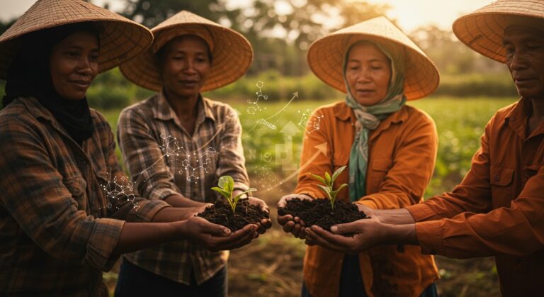 Pequeños agricultores del Global South con biochar simbolizando remoción de carbono y financiación de Serie B en tecnología climática sostenible.