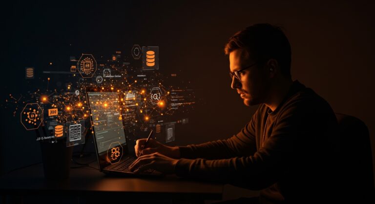 Programador trabajando con librería C para bases de datos vectoriales open source, destacando embeddings y búsqueda semántica en IA aplicada.