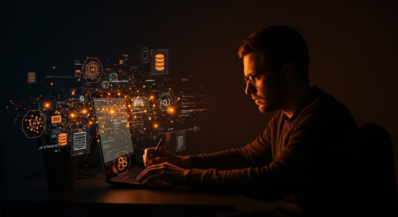 Programador trabajando con librería C para bases de datos vectoriales open source, destacando embeddings y búsqueda semántica en IA aplicada.