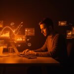 Founder trabajando en una herramienta de diseño UI minimalista, representando productividad y estrategia SaaS en startups.