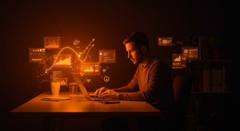 Founder trabajando en una herramienta de diseño UI minimalista, representando productividad y estrategia SaaS en startups.