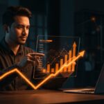 Fundadora de startup latinoamericana mostrando rentabilidad y solidez financiera en un entorno futurista, representando venture capital y fintech en 2026.