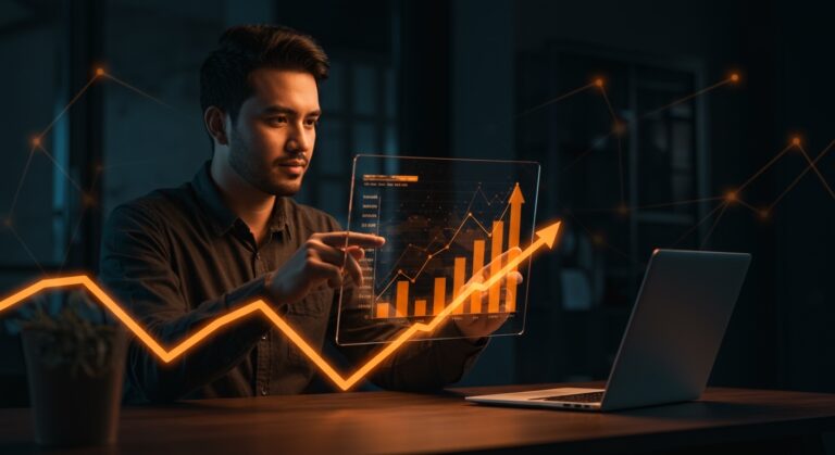 Fundadora de startup latinoamericana mostrando rentabilidad y solidez financiera en un entorno futurista, representando venture capital y fintech en 2026.