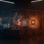 Visualización de código AI integrándose con infraestructura de producción segura, destacando herramientas de automatización y seguridad en startups tecnológicas.