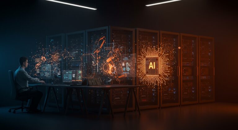 Visualización de código AI integrándose con infraestructura de producción segura, destacando herramientas de automatización y seguridad en startups tecnológicas.