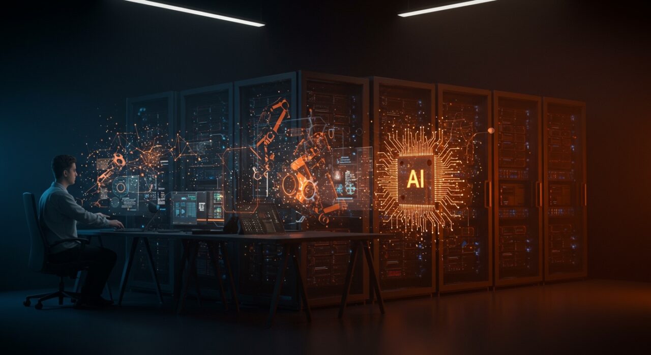 Visualización de código AI integrándose con infraestructura de producción segura, destacando herramientas de automatización y seguridad en startups tecnológicas.