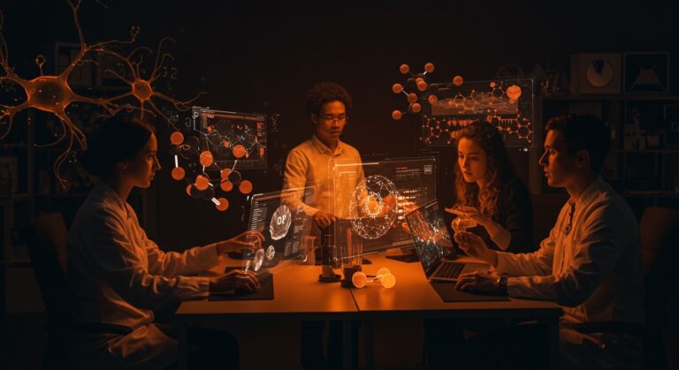 Equipo remoto de científicos de IA y biología computacional colaborando en modelos holográficos para descubrimiento de fármacos en startup biotech Verge Genomics.