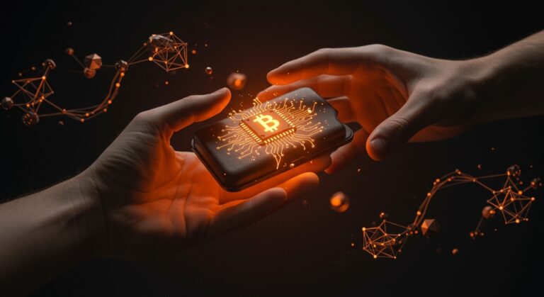 Chip anti-falsificación en producto de lujo con red blockchain simbolizando autenticación tecnológica para combatir el mercado paralelo.