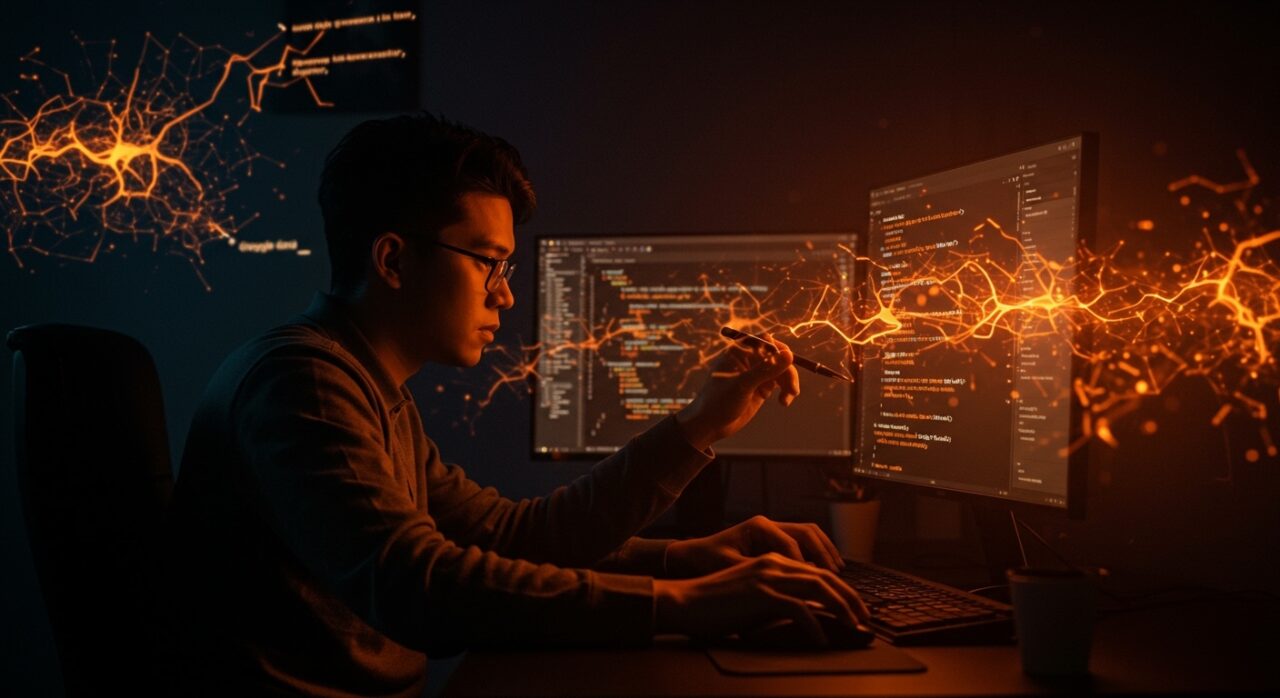 Colaborador de código usando Google AI Studio para desarrollo de software con inteligencia artificial, mostrando integración y eficiencia en programación.