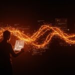 Fundador tech analizando redes neuronales y código digital, simbolizando vibe coding, LLMs y la gestión de deuda técnica en desarrollo asistido por IA.