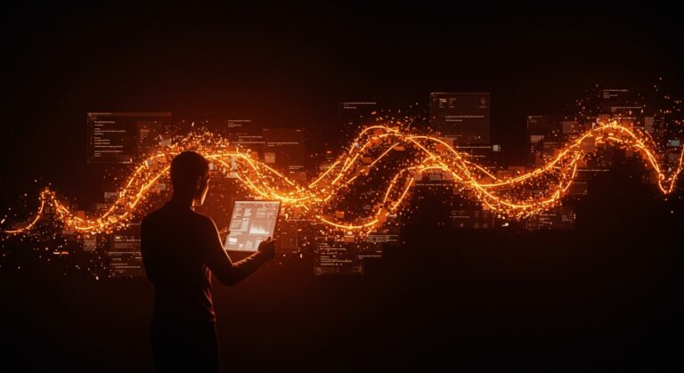 Fundador tech analizando redes neuronales y código digital, simbolizando vibe coding, LLMs y la gestión de deuda técnica en desarrollo asistido por IA.