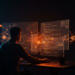 Desarrollador usando inteligencia artificial para programación asistida en código abierto, mostrando el impacto de la IA en el desarrollo tecnológico.