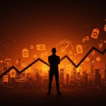 Fundador tech frente a ciudad digital con gráficos de inflación y crisis de asequibilidad en el ecosistema startup.