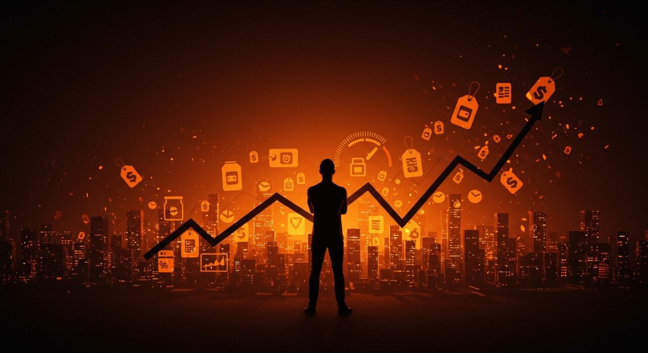 Fundador tech frente a ciudad digital con gráficos de inflación y crisis de asequibilidad en el ecosistema startup.