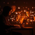 Figura operando laptop con avatares digitales enmascarados en red social, simbolizando vigilancia digital y privacidad en redes sociales por DHS.