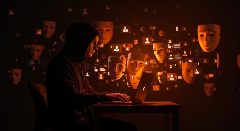Figura operando laptop con avatares digitales enmascarados en red social, simbolizando vigilancia digital y privacidad en redes sociales por DHS.