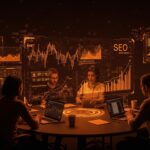 Founders de startups españolas colaborando frente a interfaces digitales que ilustran la alta adopción de IA y baja optimización SEO en la visibilidad digital.