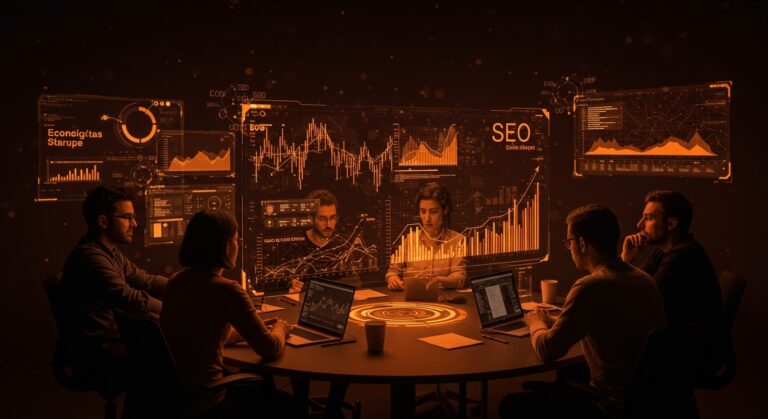 Founders de startups españolas colaborando frente a interfaces digitales que ilustran la alta adopción de IA y baja optimización SEO en la visibilidad digital.