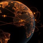 Visualización 3D en tiempo real de vuelos mostrando rutas aéreas dinámicas y tecnología avanzada de seguimiento en movilidad e innovación.