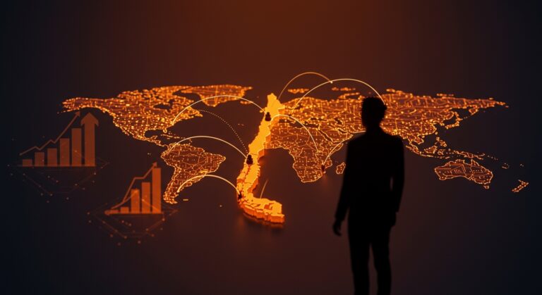 Mapa digital con conexiones internacionales y fundador fintech representando la expansión de Vita Wallet en pagos internacionales y fintech en América Latina.