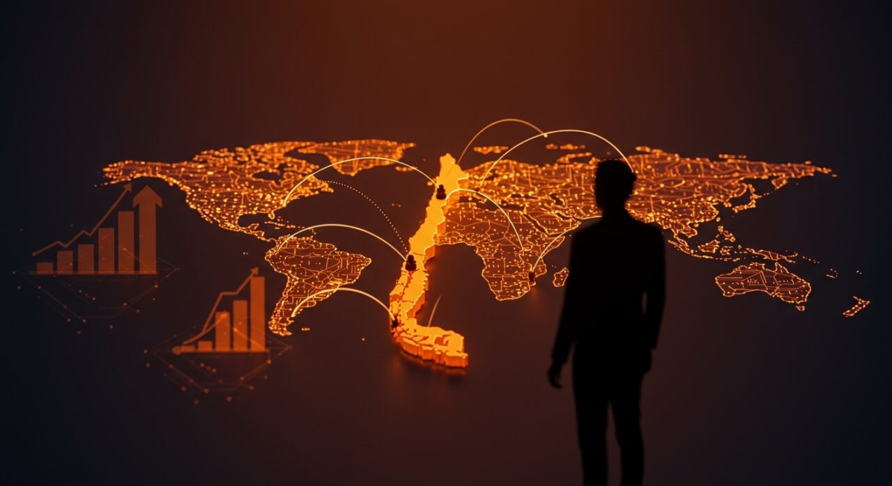 Mapa digital con conexiones internacionales y fundador fintech representando la expansión de Vita Wallet en pagos internacionales y fintech en América Latina.