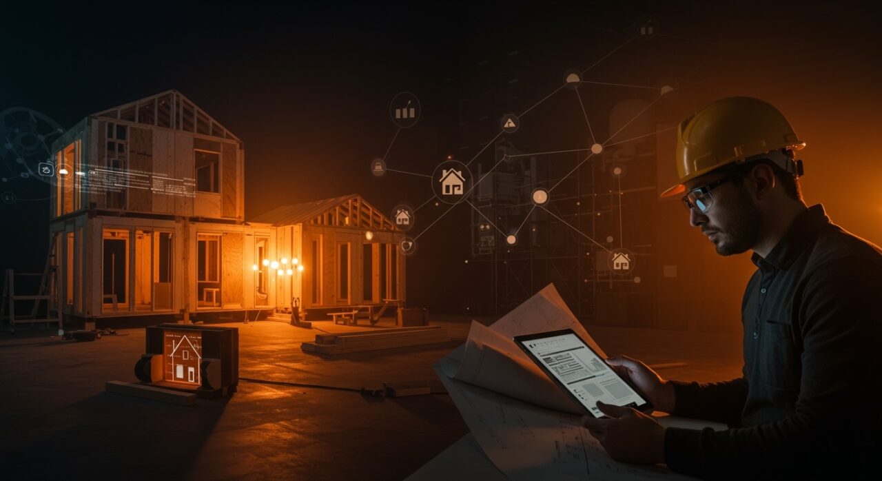 Construcción de vivienda modular en California destacando innovación en housing tech y políticas públicas para la crisis habitacional.