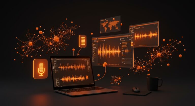 Representación visual de Voxtral Mini 4B en Rust ejecutando reconocimiento de voz en navegador con IA y tecnología WASM y WebGPU.