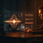 Interfaz holográfica de transcripción de voz multilingüe con IA para automatización en startups tecnológicas usando Voxtral Transcribe 2 de Mistral AI.