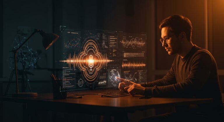 Interfaz holográfica de transcripción de voz multilingüe con IA para automatización en startups tecnológicas usando Voxtral Transcribe 2 de Mistral AI.