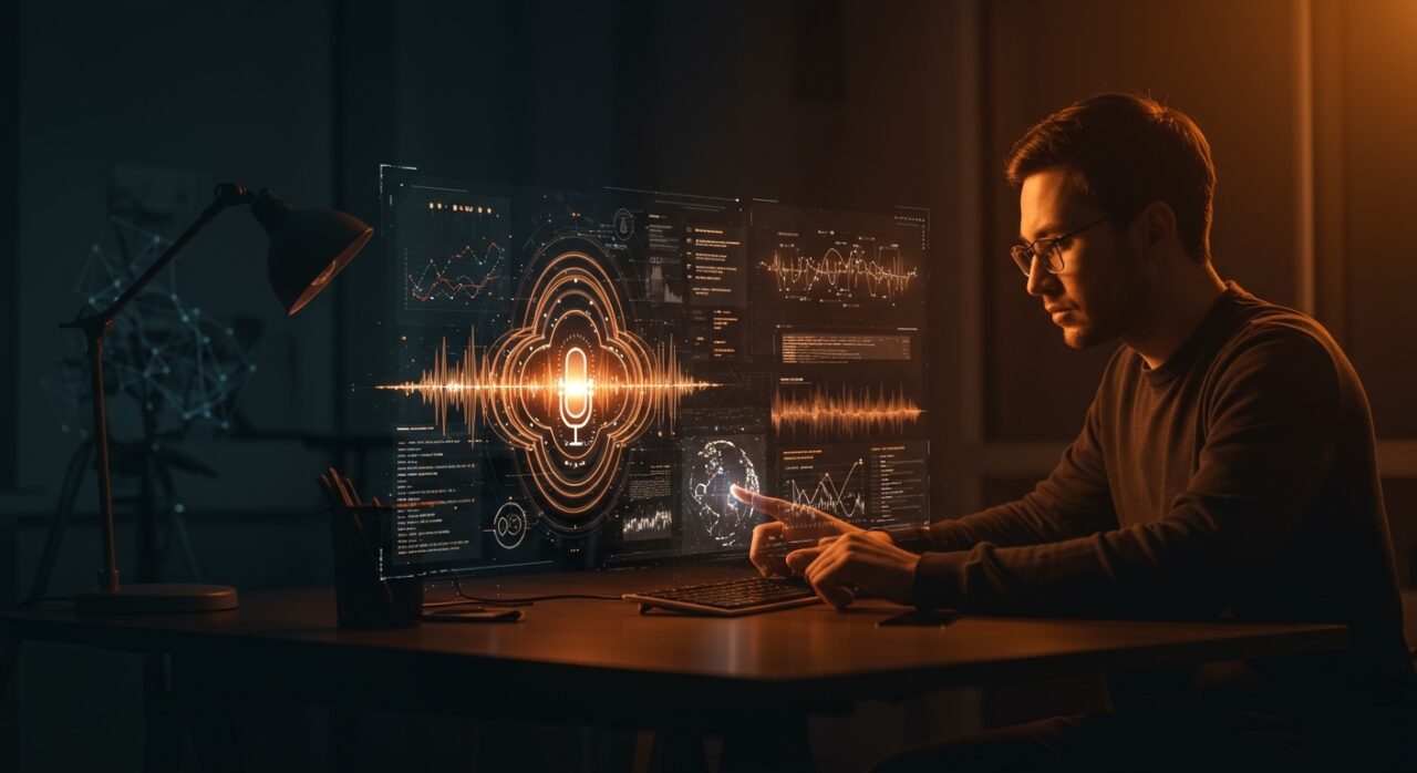 Interfaz holográfica de transcripción de voz multilingüe con IA para automatización en startups tecnológicas usando Voxtral Transcribe 2 de Mistral AI.