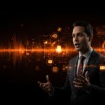 CEO de ElevenLabs explicando la voz IA como próxima interfaz, con representaciones visuales de sistemas conversacionales y tecnología wearable en tonos naranja y negro.