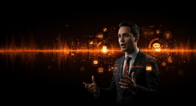 CEO de ElevenLabs explicando la voz IA como próxima interfaz, con representaciones visuales de sistemas conversacionales y tecnología wearable en tonos naranja y negro.