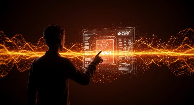 Visualización futurista de Vulkan API con extensiones VK_EXT_descriptor_buffer que mejora el rendimiento gráfico 3D y simplifica subsistemas.