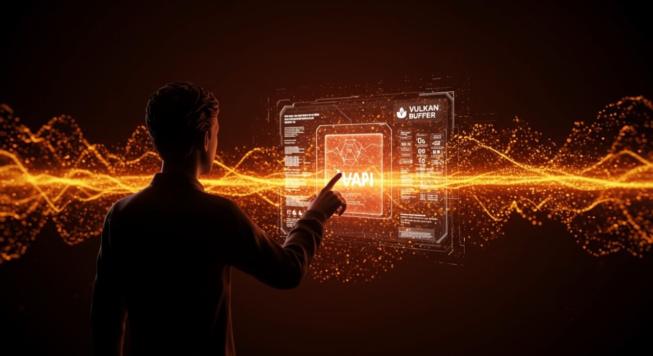 Visualización futurista de Vulkan API con extensiones VK_EXT_descriptor_buffer que mejora el rendimiento gráfico 3D y simplifica subsistemas.