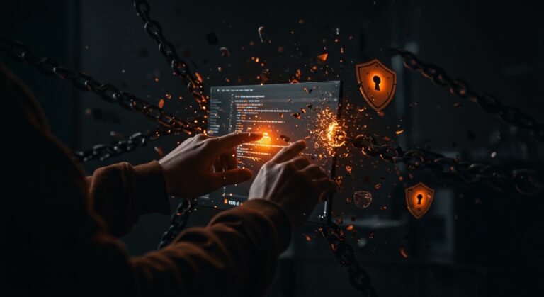 Análisis visual de la vulnerabilidad CVE-2022-41042 en extensiones VSCode enfocada en seguridad informática para startups tech.