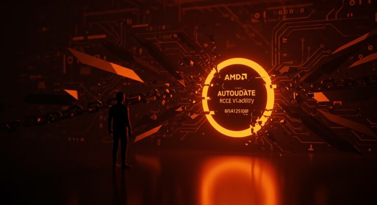 Vulnerabilidad RCE en AMD AutoUpdate representada mediante un ataque man-in-the-middle visualizado en colores naranja y negro para contexto de ciberseguridad en startups.