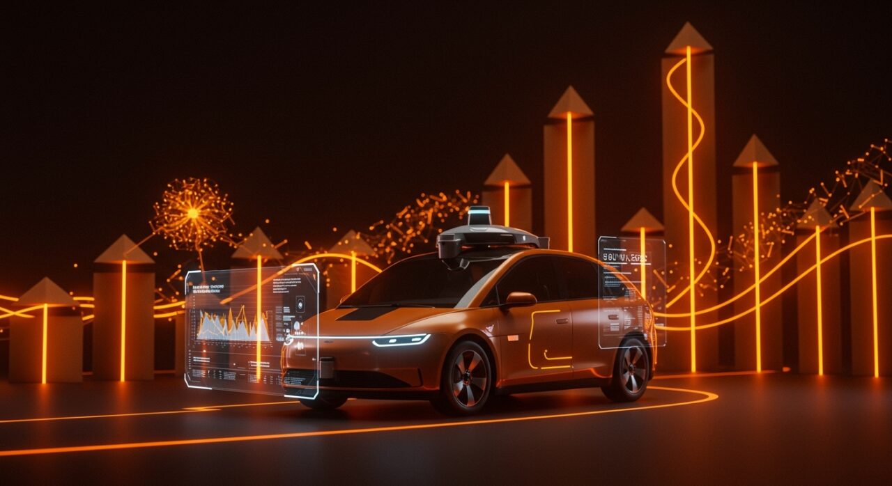 Vehículo autónomo Waymo navegando ciudad futurista con interfaz digital que simboliza movilidad autónoma, escalabilidad e inteligencia artificial para startups tecnológicas.