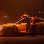 Vehículo autónomo con puerta abierta atendido por conductor DoorDash, ilustrando colaboración en automatización y movilidad autónoma.