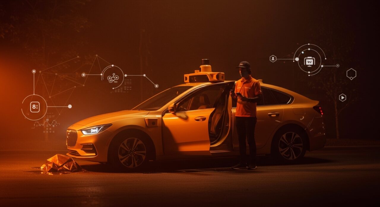 Vehículo autónomo con puerta abierta atendido por conductor DoorDash, ilustrando colaboración en automatización y movilidad autónoma.