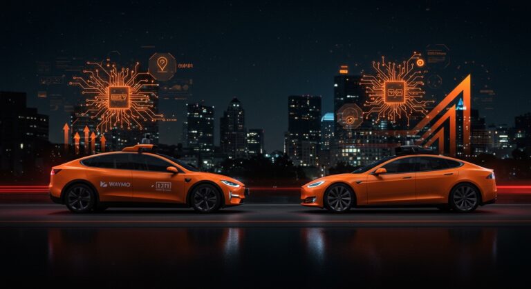 Batalla visual entre Waymo y Tesla en la conducción autónoma mostrando vehículos futuristas y símbolos de tecnología IA aplicada y movilidad autónoma.