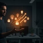 Marketing de crecimiento para propiedad intelectual en startup del Parque Científico de Alicante con símbolos digitales de activos intangibles y expansión empresarial.