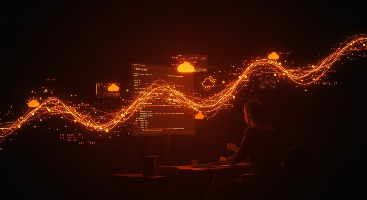 Aplicación CLI en Rust mostrando animaciones ASCII de clima con elementos visuales de automatización y datos meteorológicos en estilo Ecosistema Startup.