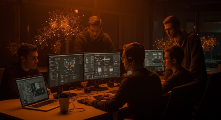 Equipo de ingenieros ML y diseñadores trabajando en startup Weave, parte de Y Combinator W25, en entorno tecnológico.