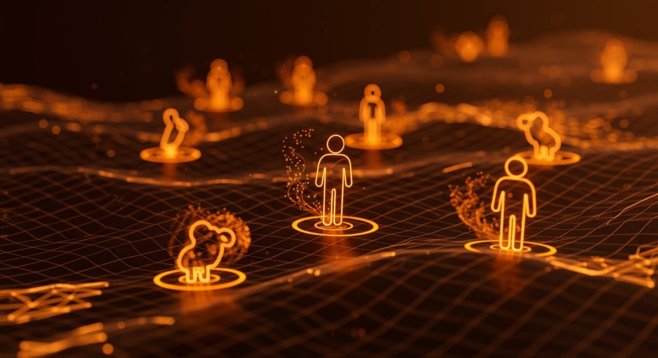 Simulación de agentes autónomos de IA evolucionando en un ecosistema digital con estilo distintivo ecosistema startup en naranja y negro.