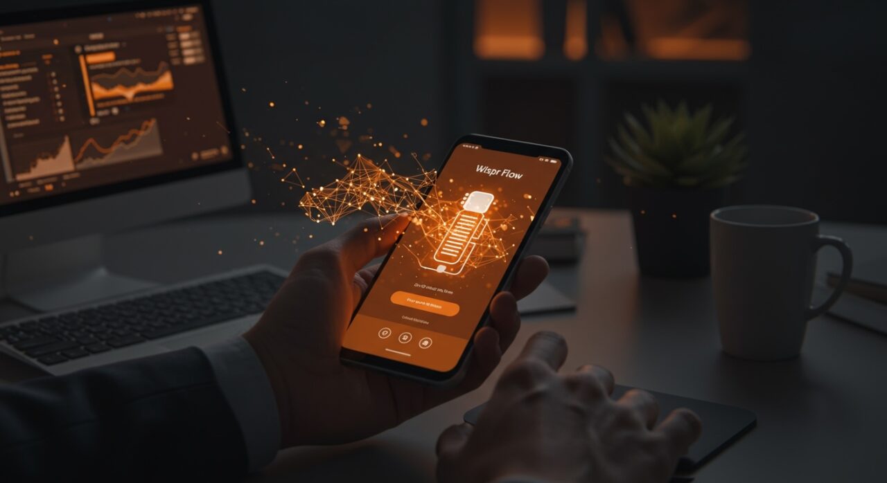 Pantalla de app Android de dictado por voz con IA de Wispr Flow en ambiente tecnológico, simbolizando automatización y productividad móvil.