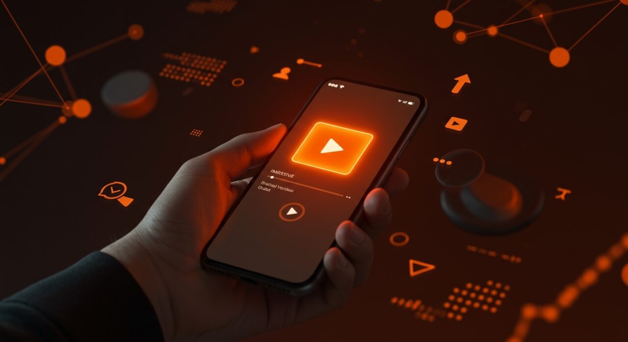 Smartphone mostrando reproductor inmersivo de video vertical optimizado para experiencia móvil en entorno startup tecnológico.