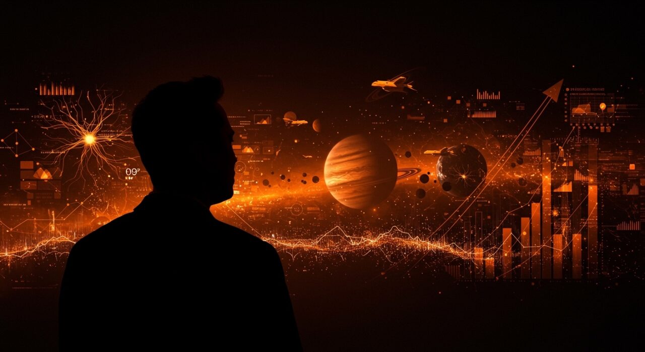 Elon Musk y xAI mostrando ambiciones interplanetarias con tecnología de inteligencia artificial avanzada en ecosistema startup.