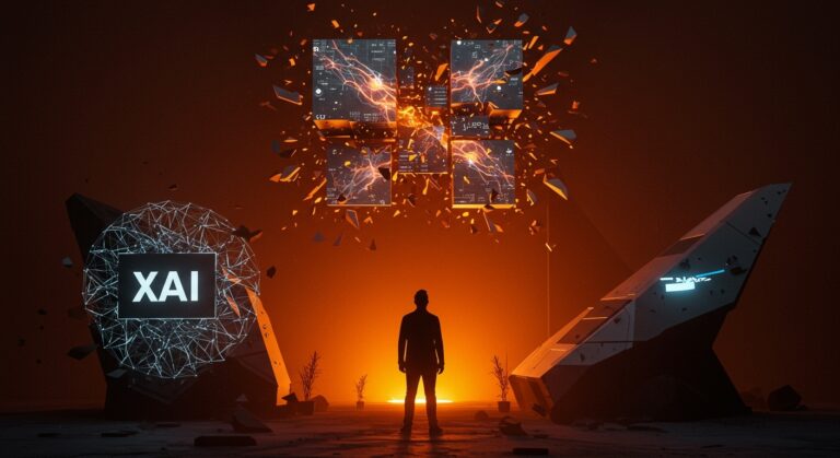 Integración cuestionada entre xAI y SpaceX de Elon Musk representada con redes neuronales y energía digital en una imagen editorial de alta calidad.